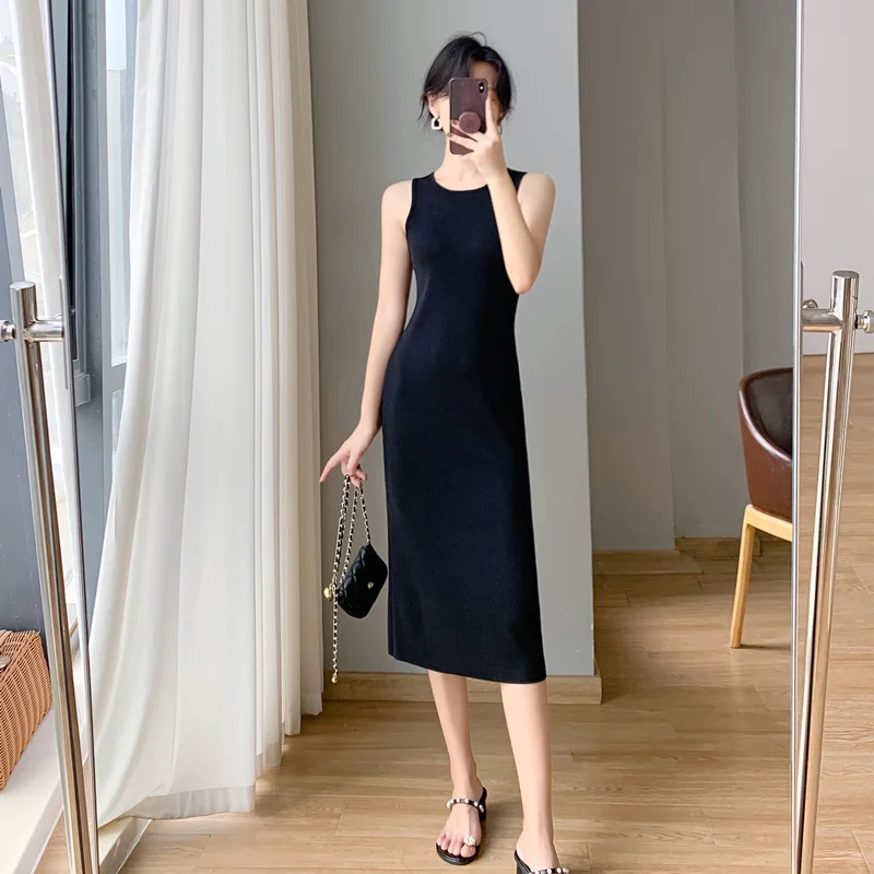 

Long Dress Women 2024 New French Style Solid Knitted Sleeveless Tank Spaghetti Strap O-Neck Black Apricot Color Dresses