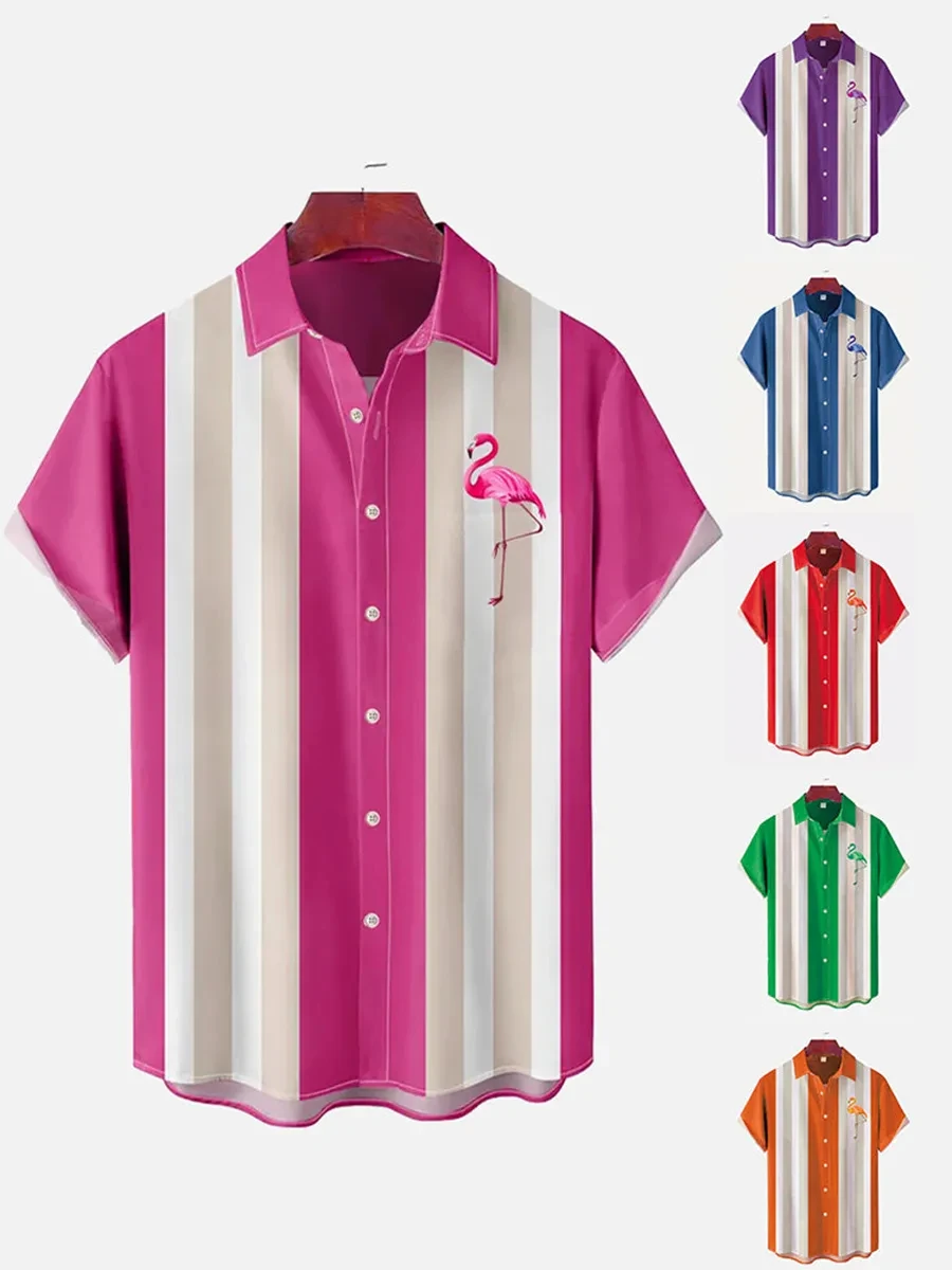 

Мужская Уличная мода, летняя повседневная рубашка, гавайский фламинго, полосатая Повседневная Свободная рубашка с принтом, пляжный Свободный Топ с коротким рукавом