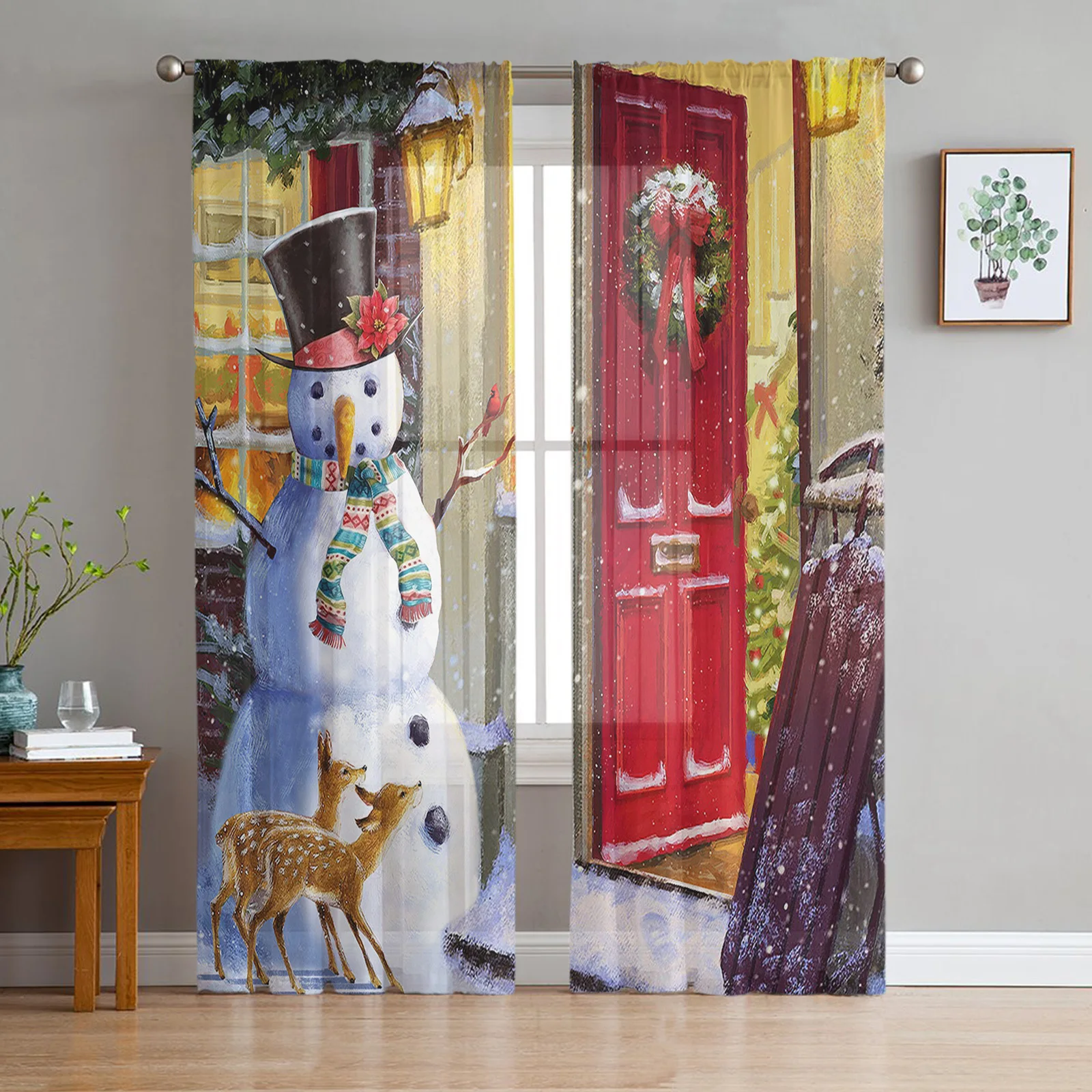 

Christmas House Santa Claus Snowman Elk Sheer Voile Curtains Living Room Bedroom Window Drapes Balcony Screen Tulle Curtains 2pc