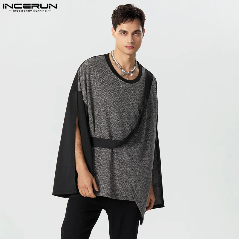 

INCERUN Tops 2023 American Style Handsome Mens Irregular Hem Sweater Casual Solid Patchwork Split Long Sleeved Sweatshirts S-5XL