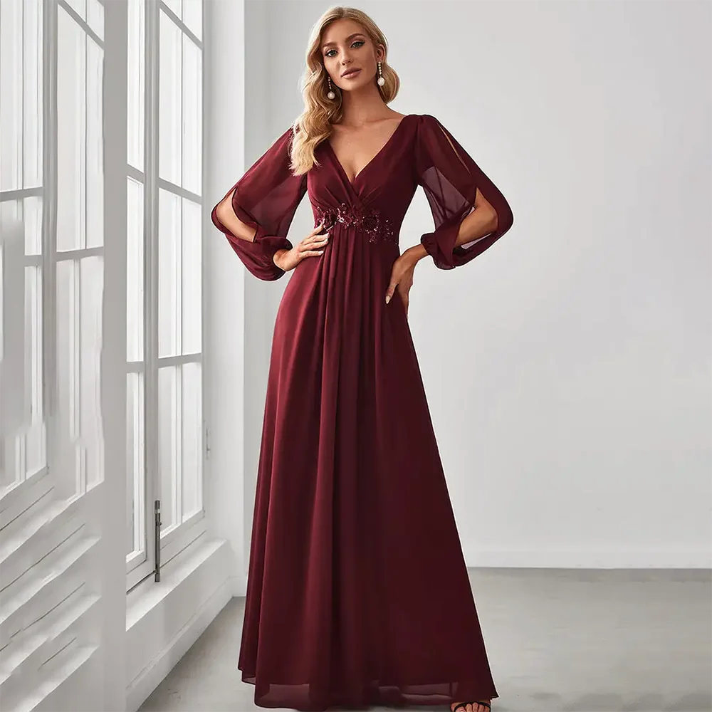 

2024 Elegant Long Lantern Sleeves V-neck Evening Dresses ever pretty of A-LINE Chiffon Burgundy flower beltbelt Prom Dress