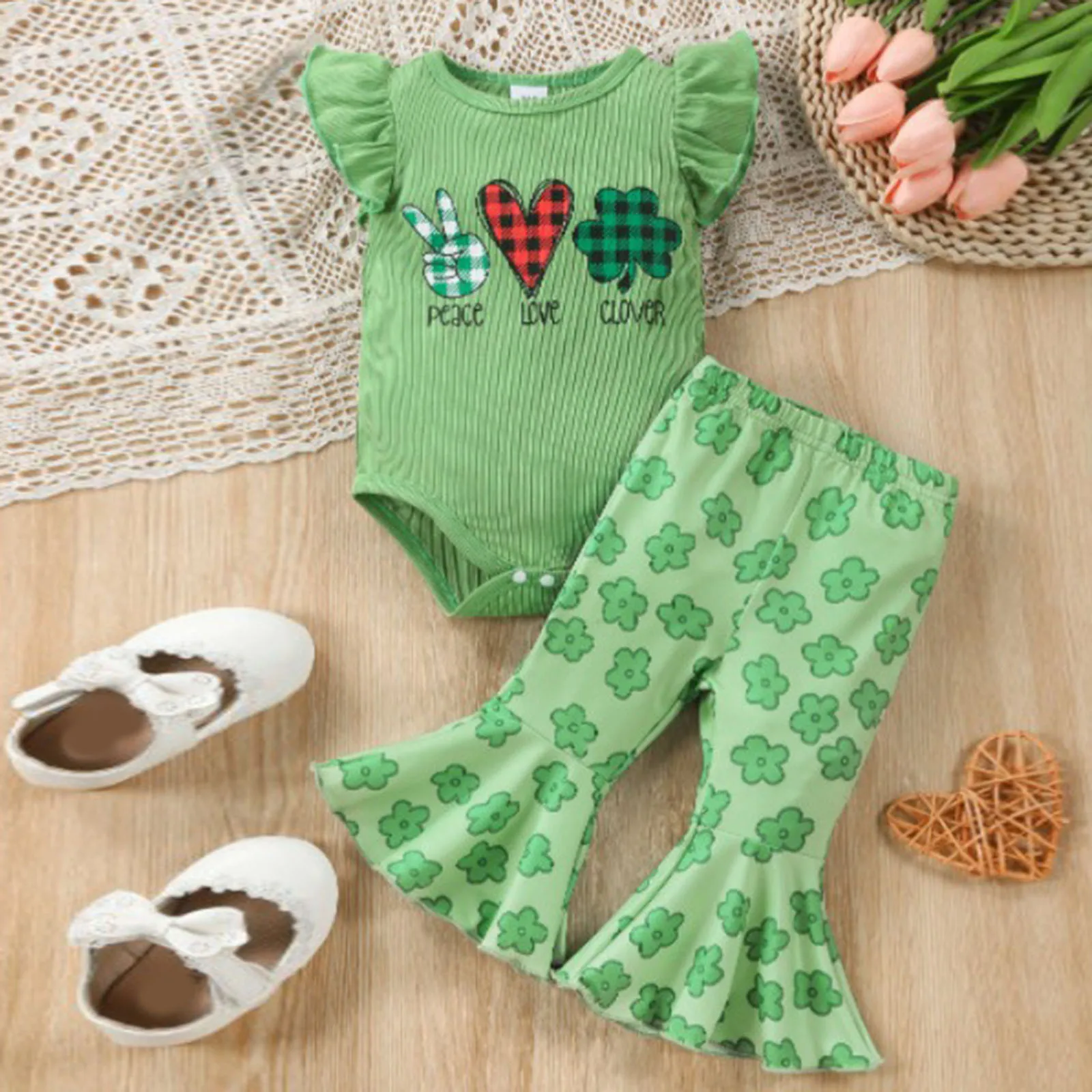 

Infant Baby Girls St.Patrick's Day 2Pcs Outfits Clothes Letter Print Romper Bell Bottoms Pants Outfits Summer Clothes Sets 0-24M