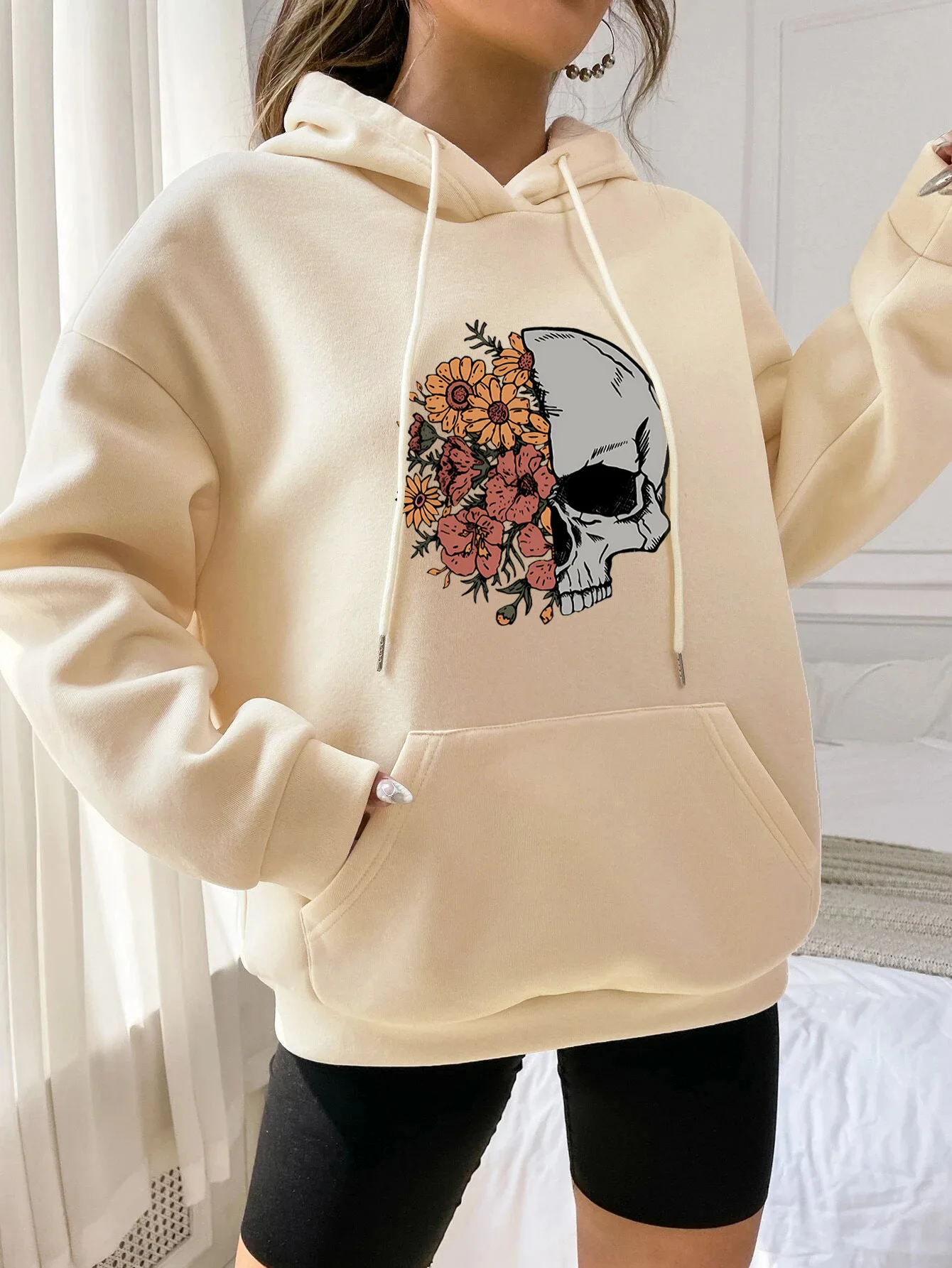 

Plus Size Fashion Women's Plush Sweater Skull Flower Printed Kangaroo Pocket Drawstring Printed Hoodie For Women