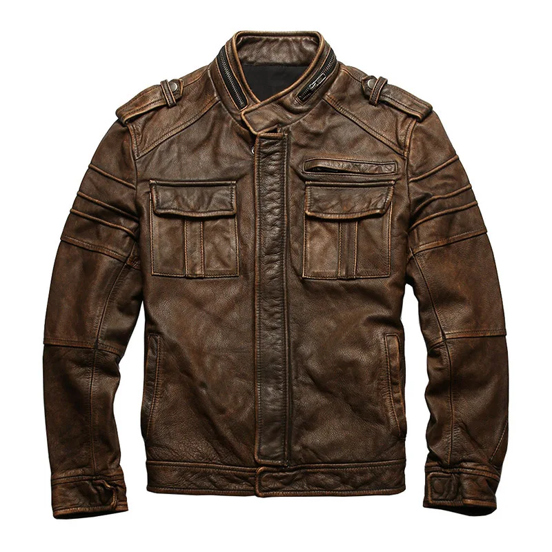 

Factory 2023 New Vintage gray Men slim Cowskin genuine leather Motorcycle jacket Punk brand fashion quality pilot Bomber jacket