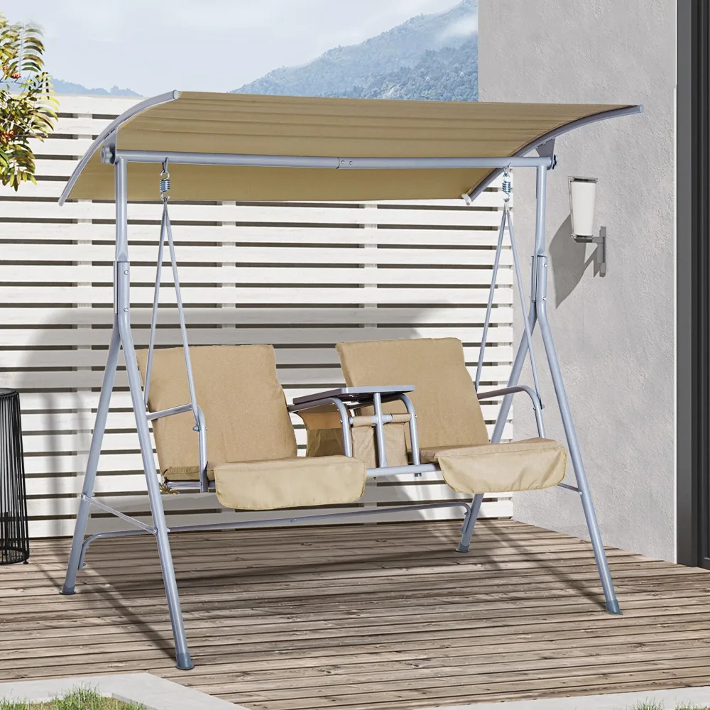 

2 Person Porch Swing with Stand, Outdoor Swing with Canopy, Pivot Storage Table, 2 Cup Holders, Cushions for Patio, Backyard