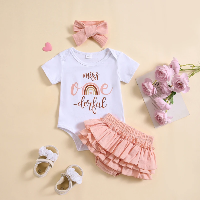 

3Pcs Baby Girl 1st Birthday Outfit Onederful Short Sleeve Romper T-Shirt Tops Tutu Skirt Shorts Set Summer Clothes
