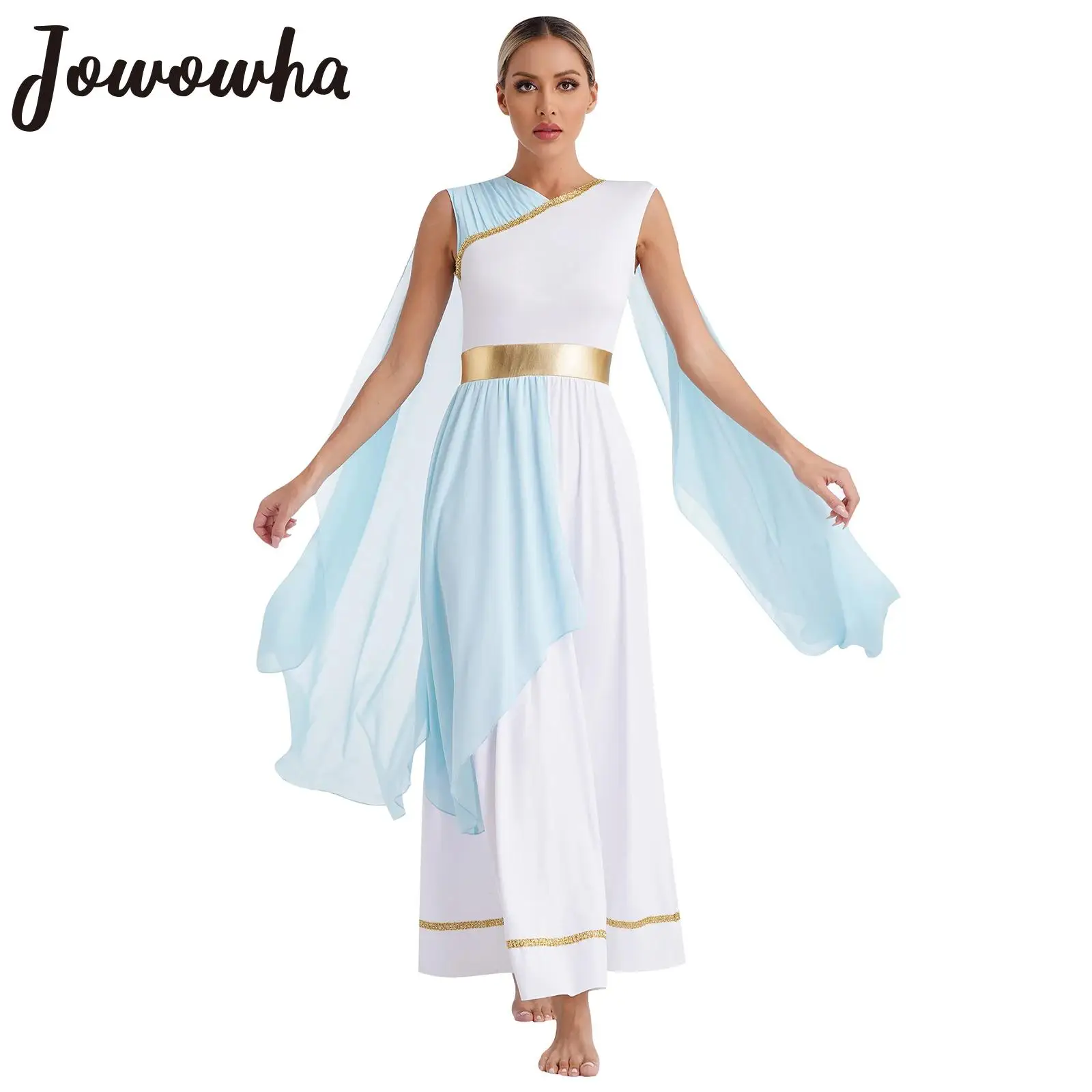 

Womens Ancient Greek Roman Princess Queen Cosplay Costume Chiffon Gold Trims Toga Dress Carnival Theme Party Role Play Dress Up