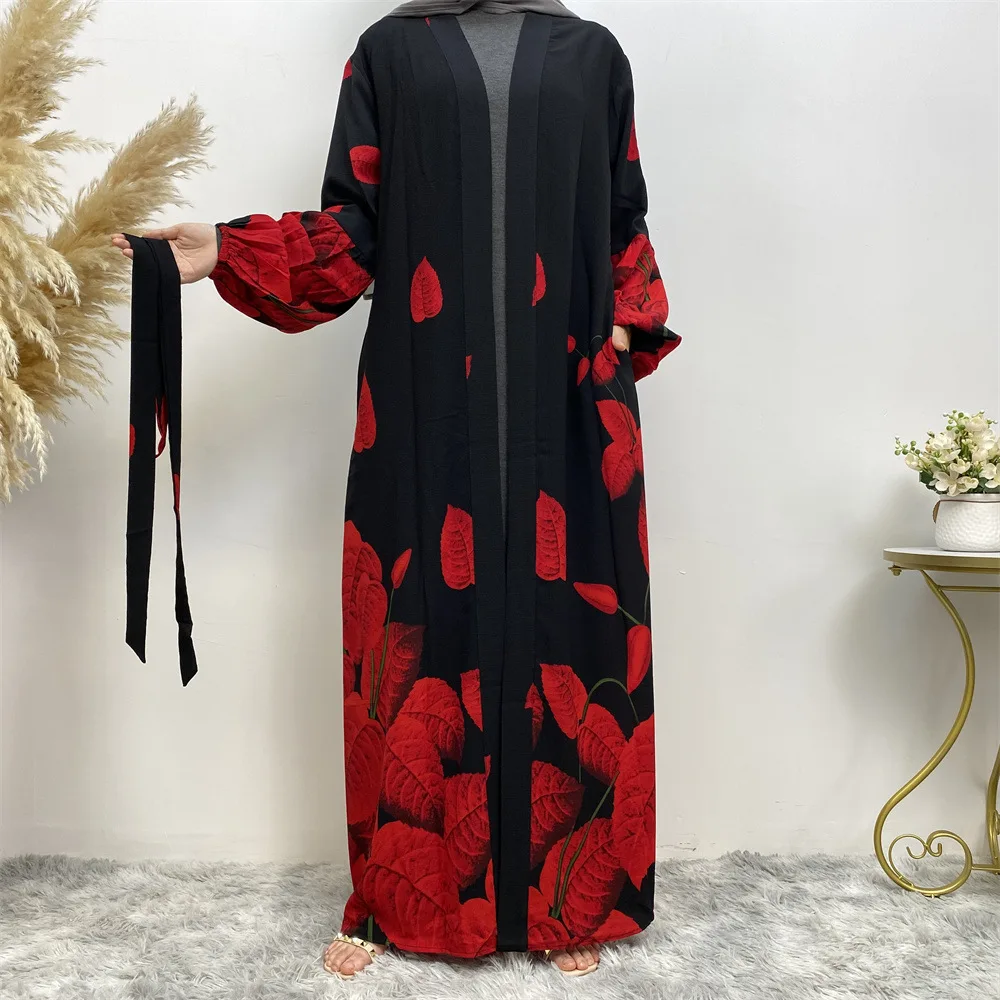 

Muslim Women Print Abayas Eid Ramadan Kimono Cardigan Dubai Turkey Kaftan Islamic Jalabiya Belted Robe Maxi Dress Arabic Abaya