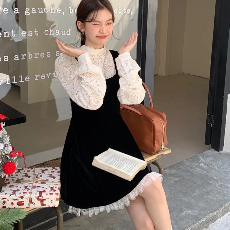 

Real Shot 2024 Early Spring New Korean Style Elegant Small Stand Collar Lace Shirt Velvet Vest Dress Women's Suit Rihgdss