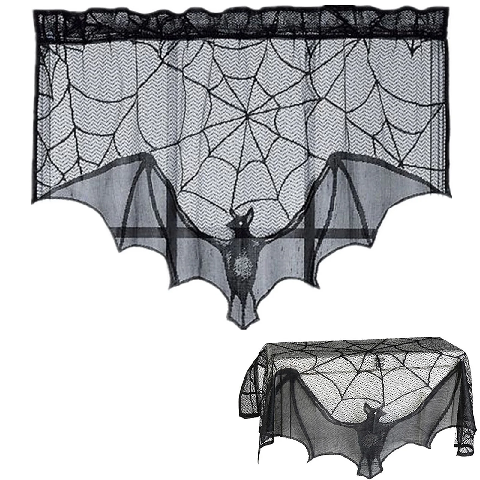 

Halloween Decorative Bats Curtains Black Lace Spider Web Holiday Stove Towel Lampshade Fireplace Cloth Decor for Spooky Festival