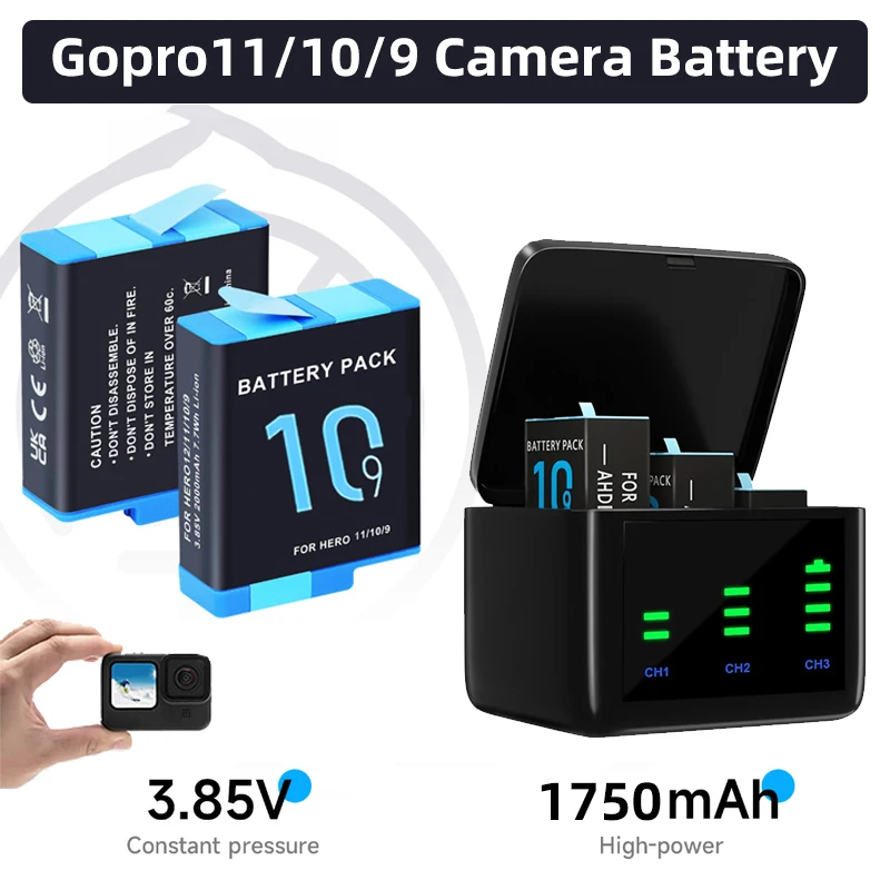 

For Gopro Hero 11/10/9 Camera Battery 1750mAh For GoPro Hero 9 10 11 Gopro Hero Battery WIth 3 Slots Battery Storage Charger Box