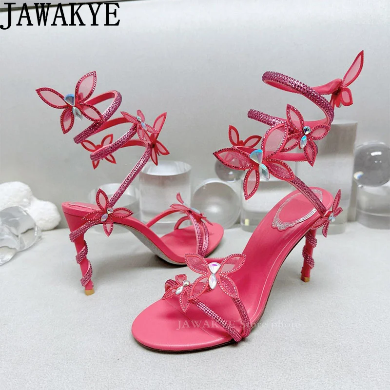 

Luxury Hot Sale Crystal Flower Wedding Shoes Women Coiled Ankle Strap High Heel Party Shoes Summer Sexy Gladiator Strappy Sandal