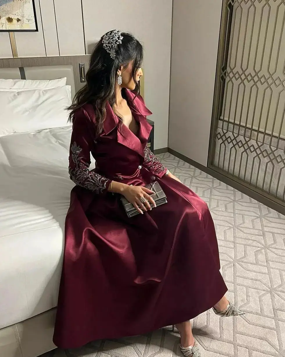 

Темно-красные винтажные вечерние платья, шелковые атласные арабские Женские официальные платья с длинным рукавом и V-образным вырезом, платья длиной ниже колена для выпускного вечера