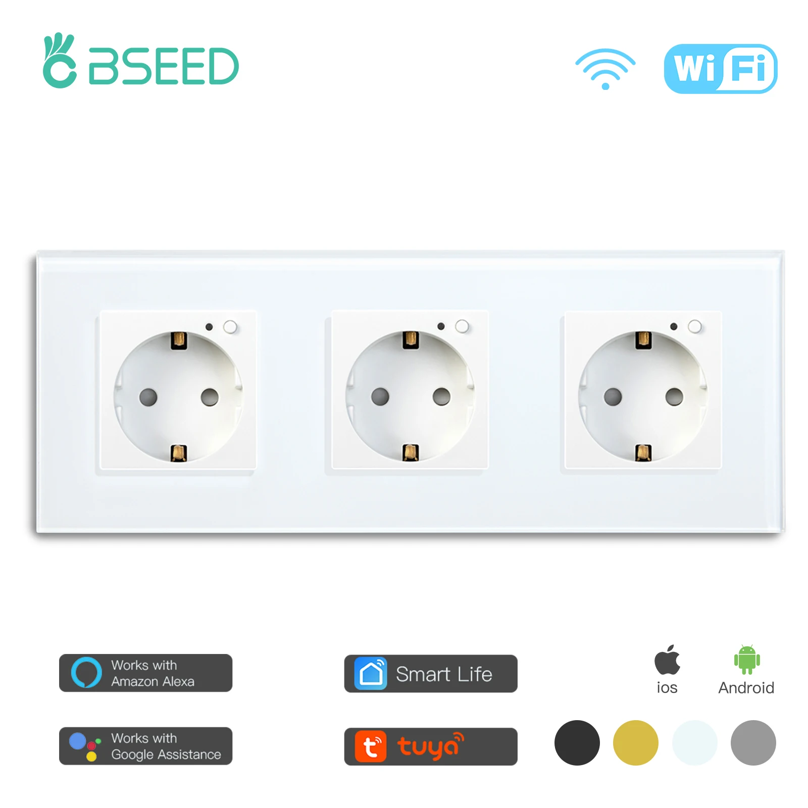 BSEED EU Wifi Triple Wall Socket Crystal Glass Panel Electrical Outlet 3 Colors White Black Golden Work With Tuya Smart Life
BSEED EU Wifi Triple Wall Socket Crystal Glass Panel Electrical Outlet 3 Colors White Black Golden Work With Tuya Smart Life