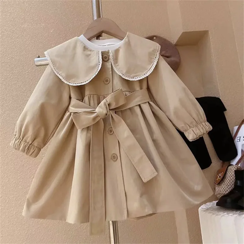 

2024 Girl Spring Clothes Infant Fashion Jacket Children Cute Long Windbreaker New Kids Trench Coat Turndown Collar Outerwear