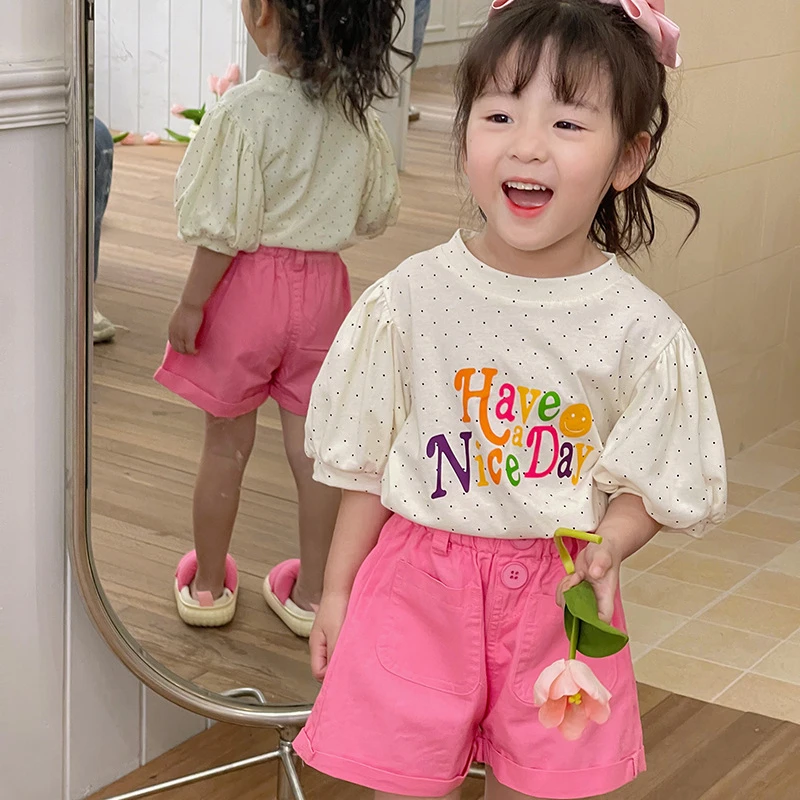 Детская одежда, футболка для девочек или короткая летняя Новинка 2023, модная футболка для девочек с пузырьковыми рукавами, топы в горошек или короткие розовые 
Детская одежда, футболка для девочек или короткая летняя Новинка 2023, модная футболка для девочек с пузырьковыми рукавами, топы в горошек или короткие розовые