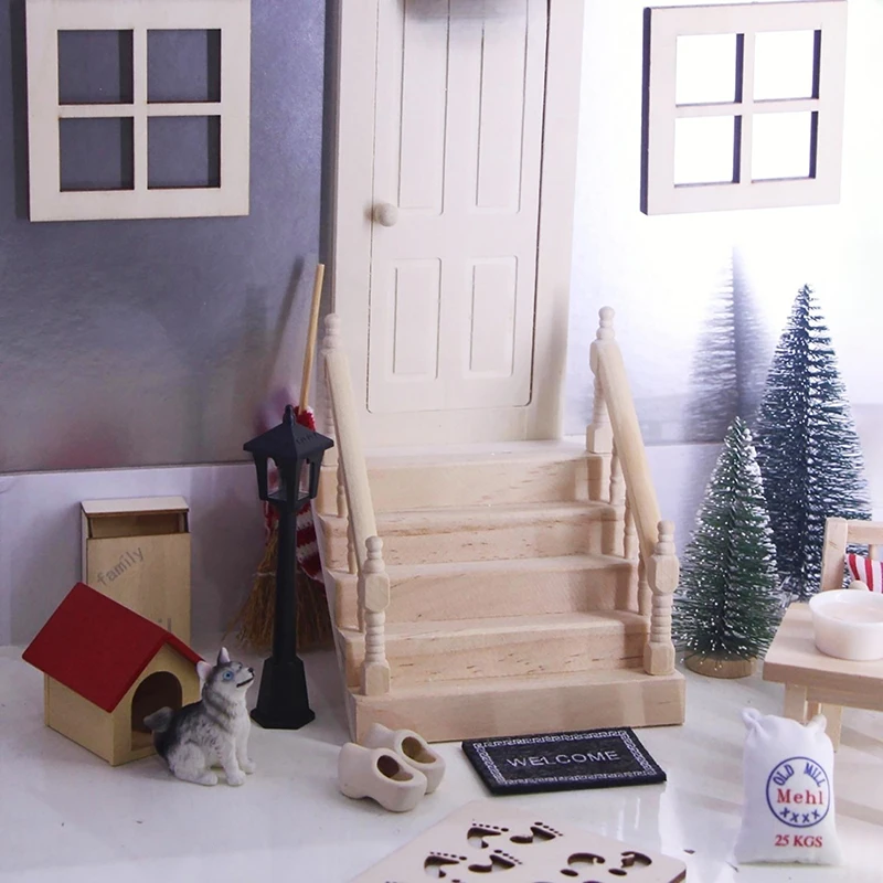 

1:12 Dollhouse Miniature Handrail Staircase Wooden christmas Scene Plain Stairway Models Mini Stair Furniture Room Decor