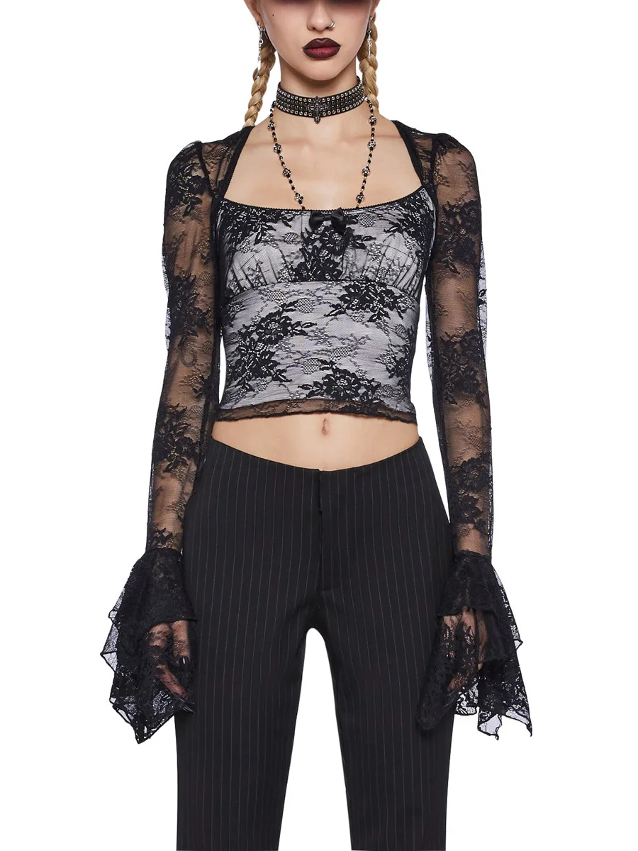 

Women Goth Dark Crop Tops Fairy Grunge Lace See Through Sheer Mesh T-Shirts Gothic Halloween Punk Slim Fit Long Sleeve Shirts