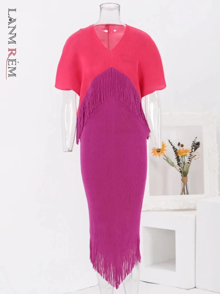 

LANMREM Contrast Color Spliced Pleated Dress Women Fashion Tassel Design Short Sleeves Dresses Elegant 2024 Spring New 2YAa740