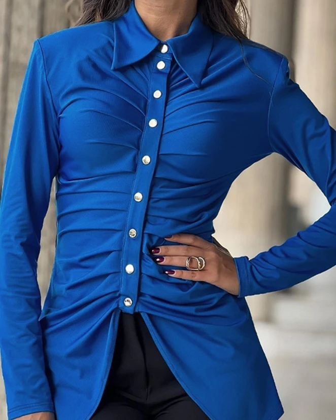 

Women's Buttoned Ruched Asymmetrical Hem Long Sleeve Top Fashion Skinny Casual Blouses Clothing Temperament Commuting Style