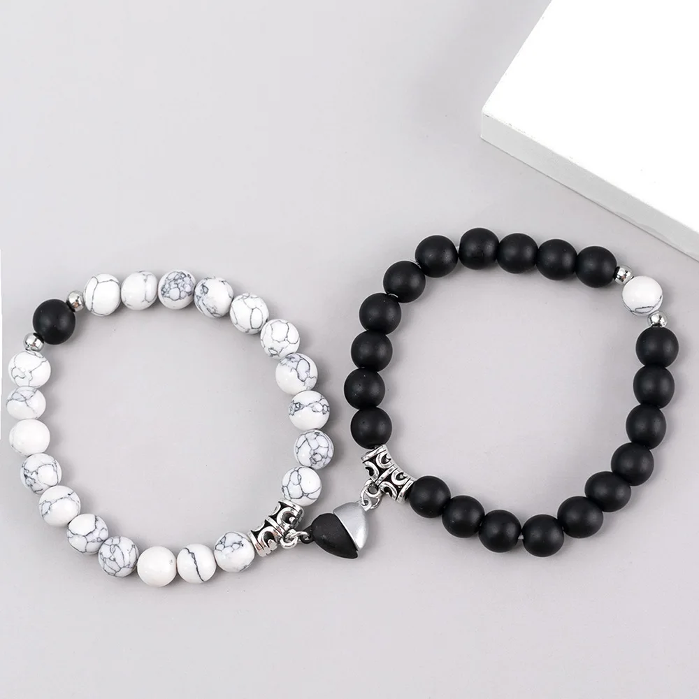 

2Pcs/Set Beads Bracelet For Lovers Natural Stone Distance Heart Magnet Couple Bracelets Friendship Fashion Jewelry Gift