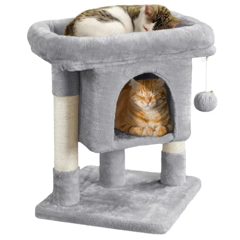

Easyfashion 2-Level Cat Tree Kitten Condo House with Plush Perch, Light Gray