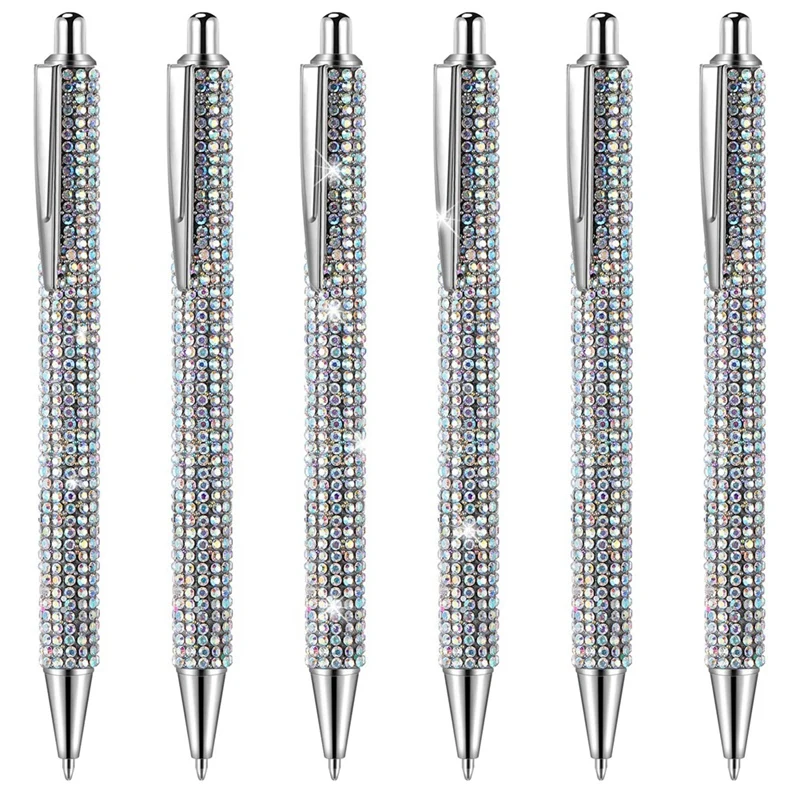 

6 Pcs Cute Pen Bling Diamond Pens Christmas Rhinestones Gift Silver Metal Ballpoint Pens Fancy Sparkly Crystal Pens