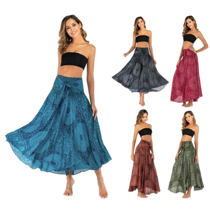 

Womens 2 In 1 Bohemian Floral Print Flowy Asymmetric High Waist Beach Long Skirt Casual Self-Tie Halter Strapless Dress