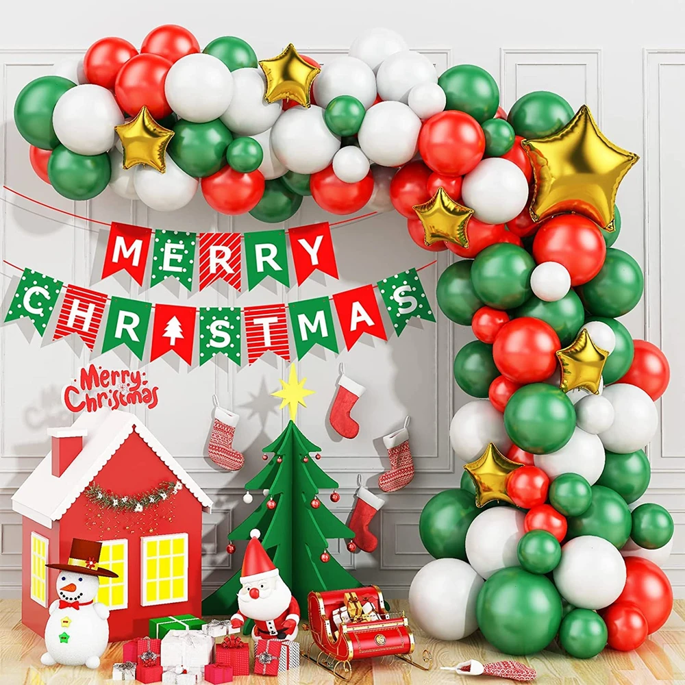 

105 шт., зеленые, белые, красные латексные рождественские воздушные шары, золотые звезды, фольгированные воздушные шары, гирлянда для дня рождения, детский праздник, украшение