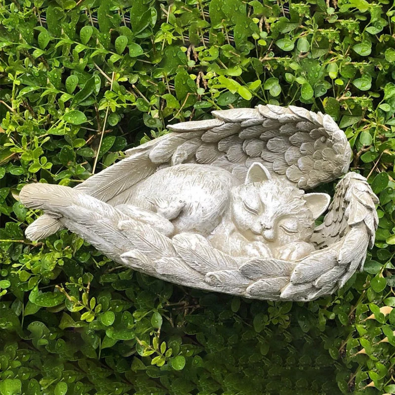 

Angel Cats Tribute Pet Statue Sculpture Outdoor Garden Resin Decoration Sleeping Angel's Wing Gardening Ornament Stone Figurines