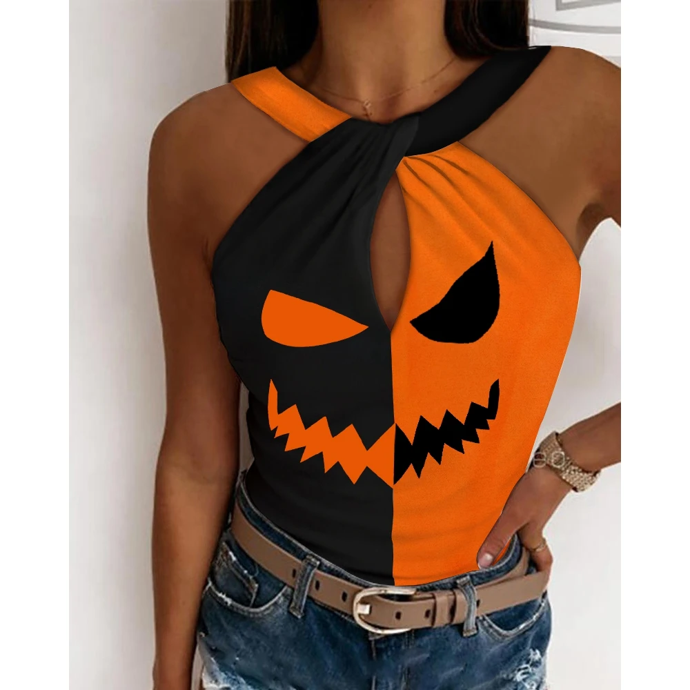 

Women Halloween Graphic Print Colorblock Keyhole Neck Tank Top Fashion Femme Casual Sleeveless Tops Streetwear Slim Clothing