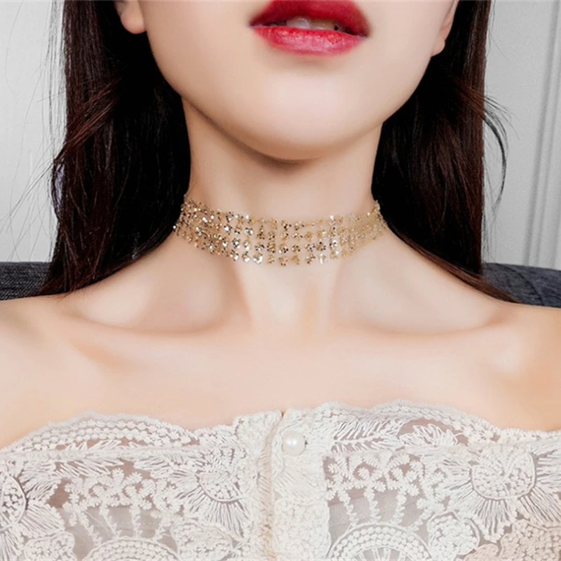 

New Choker Necklace Silver Color Sequins Invisible Necklaces Punk Gothic Chokers Jewelry Women Wedding Accessories Collier Femme