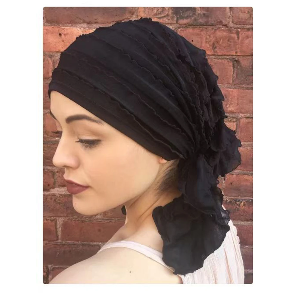 

Women Pre-Tied Hat Double Tail Headscarf Turban Muslim Inner Hijab Elastic Hair Loss Chemo Cap Beanies Bonnet Head Scarf Wrap