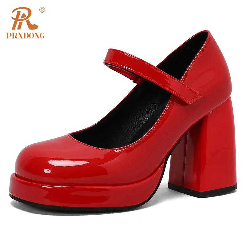 

PRXDONG INS New Classics Patent Leather Chunky High Heels Platform Black White Sweet Mary Janes Dress Party Wedding Female Pumps