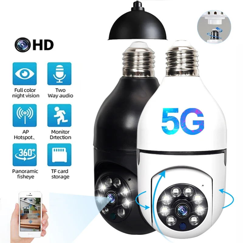 

5G WiFi YCC365 Surveillance Camera E27 Bulb Google Auto Tracking Night Vision Full Color With Baby Monitor Indoor Security Cam