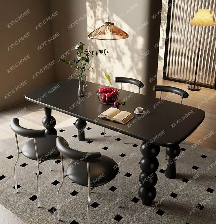 

Набор столов и стульев в стиле ретро с каменной тарелкой, домашний Черный Прямоугольный Обеденный стол из массива дерева для маленькой квартиры
