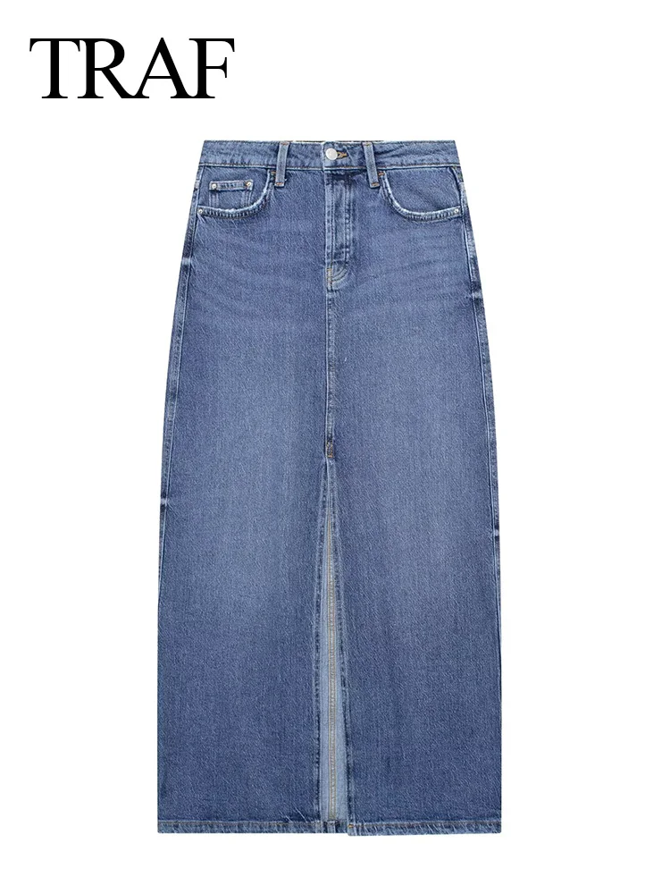 

TRAF Woman Fashion Denim Skirt Vintage Casual Female Slim Long Skirts Pocket Front Slit High Waist Zipper Fly Wild Street Skirt