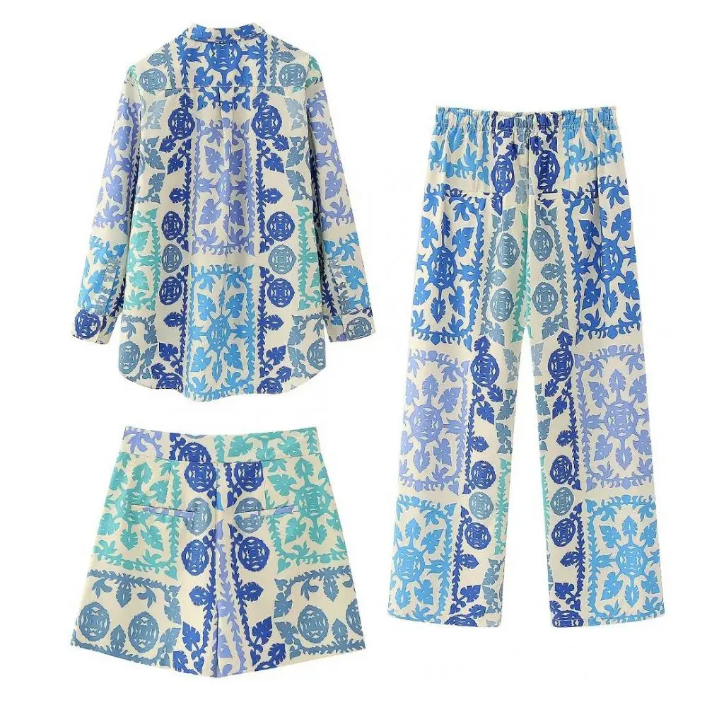 Женская Повседневная Блузка с принтом, шорты, одежда для сна, винтажная Лоскутная рубашка с длинным рукавом и пуговицами, брюки, костюм, 2024, шикарная женская мягкая домашняя одежда
