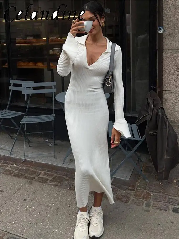 Celandine 2023 Autumn Elegant High Waist Fashion Women V Neck Dress Ribbed Lapel Slim Knit Basic Party Flare Long Sleeve Dresses
Celandine 2023 Autumn Elegant High Waist Fashion Women V Neck Dress Ribbed Lapel Slim Knit Basic Party Flare Long Sleeve Dresses
