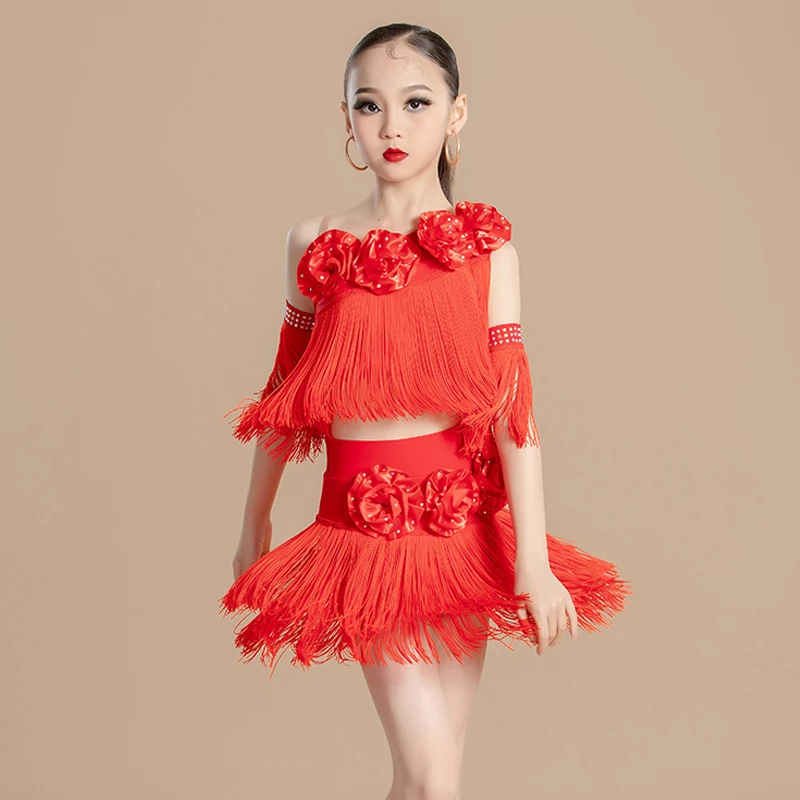 

Red Full Fringed Latin Dance Costumes Kids Chacha Samba Professional Tassels Suits Girls Latin Dance Clothing Stage Wear SL10208