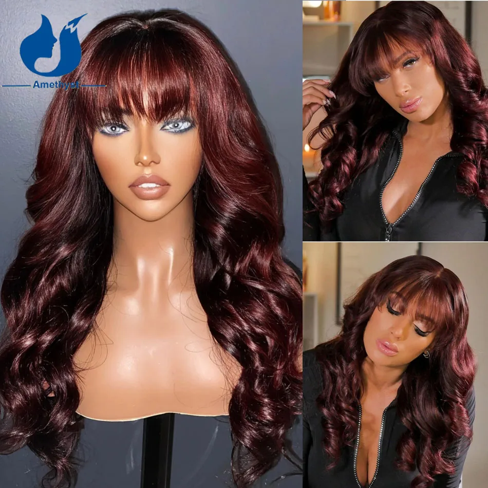 

Amethyst Dark Burgundy Body Wave Human Hair Wig With Bangs For Women Brazilian Glueless Remy Hair Full Machine Scalp Top Wig 99J