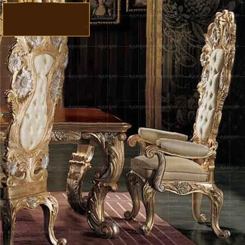 

Italian luxury solid wood carved dining table chair combination European gold foil long dining table villa dining table