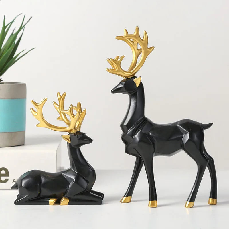 

Полимерная Золотая мини-фигурка оленя для пары для интерьера, Геометрическая художественная модель, статуэтка для дома, гостиной, настольное украшение для входа