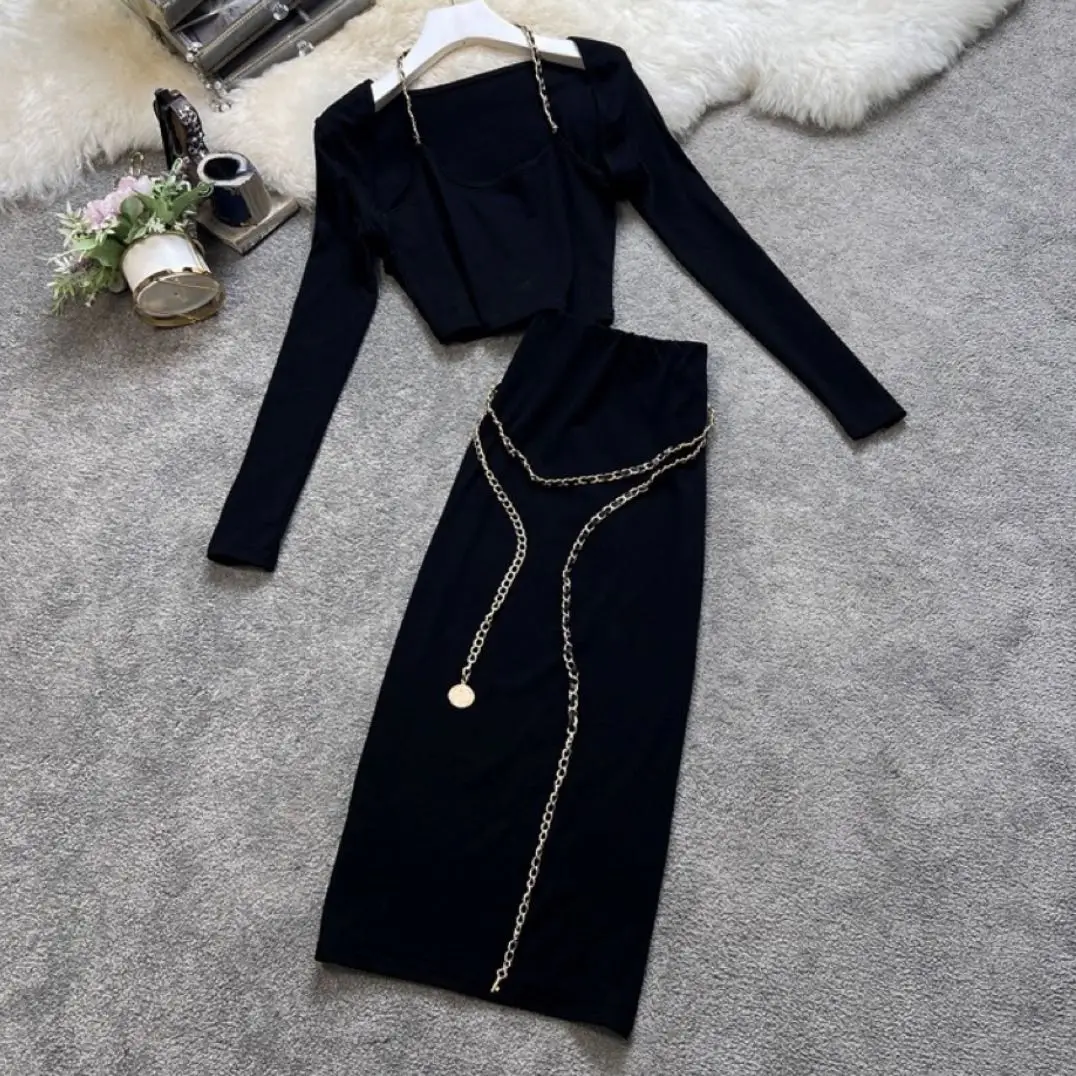 2023 Sexy Slim Fit Black Suit Women's New Chain Camisole Long Sleeve Cardigan+Split Skirt
2023 Sexy Slim Fit Black Suit Women's New Chain Camisole Long Sleeve Cardigan+Split Skirt