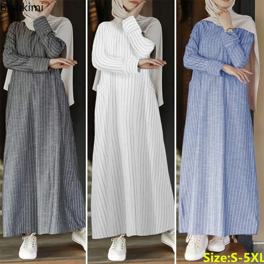 Women Muslim Long -sleeved Robe Vintage Cotton Linen Striped Pocket A-line Long Skirt Casual Dubai Abayas for Women Muslim Dress
Women Muslim Long -sleeved Robe Vintage Cotton Linen Striped Pocket A-line Long Skirt Casual Dubai Abayas for Women Muslim Dress