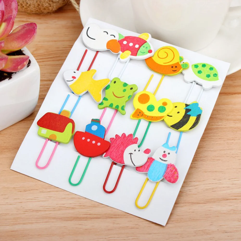 

12pcs Cartoon Animals Wooden Wood Paper Clip Note Mark Bookmark Stationery Gift for Children Kids (Mixed Styles)