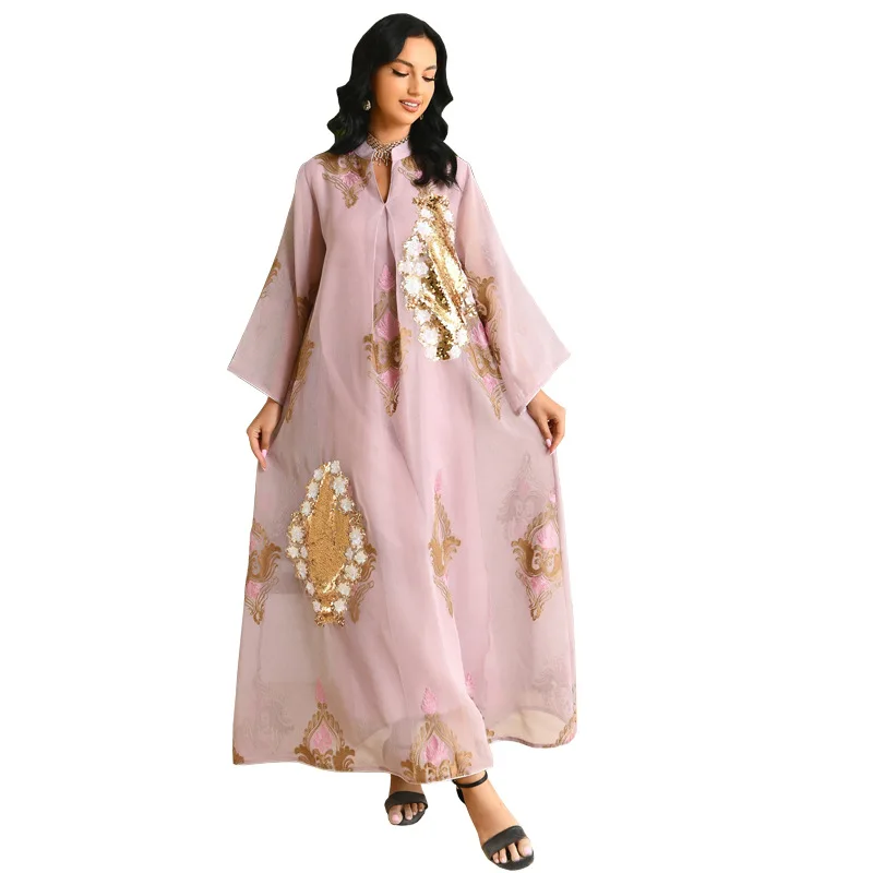 

Vintage Embroidery Sequins Fashion Muslim Abaya Middle East Formal Occasion Evening Gowns Long Sleeves Dubai Robe Abaya