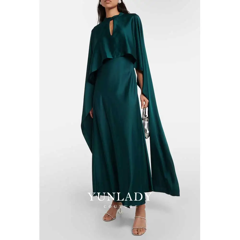 

YUNLAN Luxurious Dubai Women's Wedding Dark Green Satin Mermaid Evening Gown with Cape Halter 2024 Arabian Ball Party Long Dress