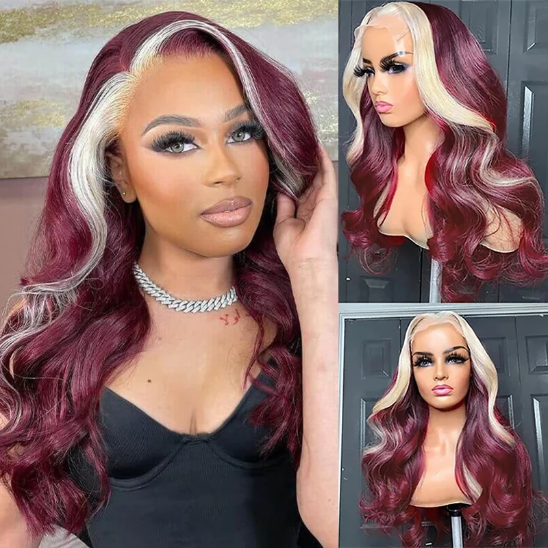 Blonde 613 Stripe Lace Frontal Wig Real Human Hair 13x4 Lace Body Wave 99J Highlight 613 Brazilian Hair Wig For Women
Blonde 613 Stripe Lace Frontal Wig Real Human Hair 13x4 Lace Body Wave 99J Highlight 613 Brazilian Hair Wig For Women
