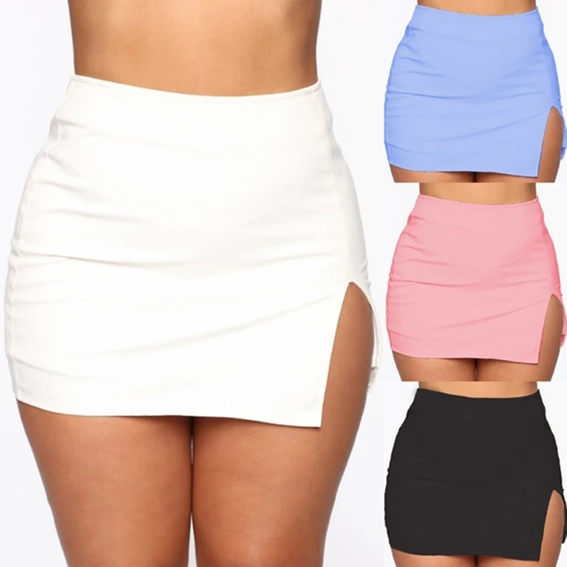 

Mini Skirts Women Irregular Solid Side-slit Stretchy Korean Style Trendy Chic OL High Waist Female Bottom Summer Skirts